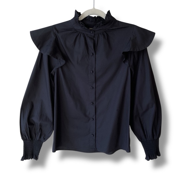 Sugarlips Malbec Ruffle Button Front Black Poplin Blouse Size XS - Picture 2 of 9
